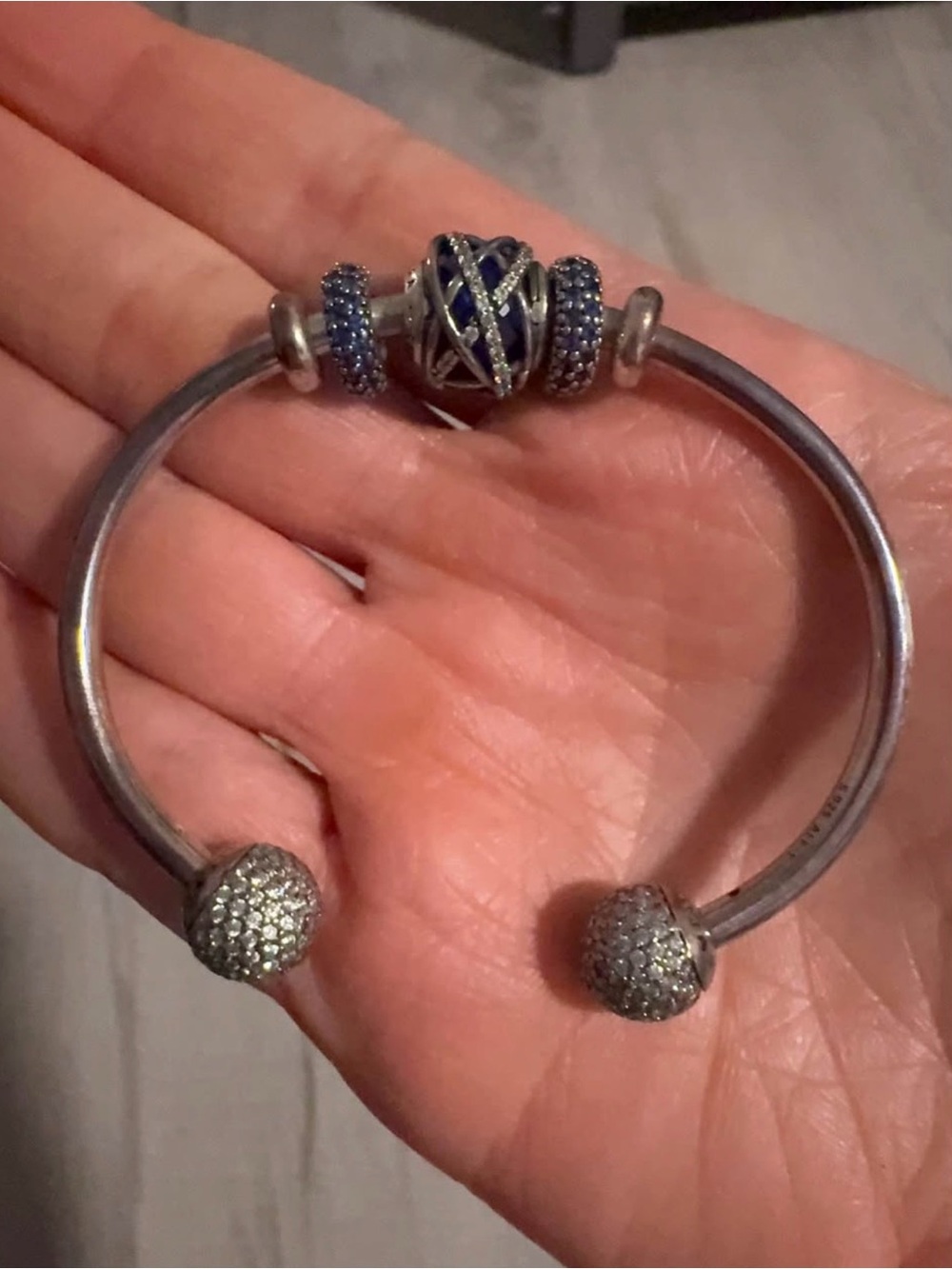 Pandora Sterling Silver Open Bangle with Blue Pavé Charm